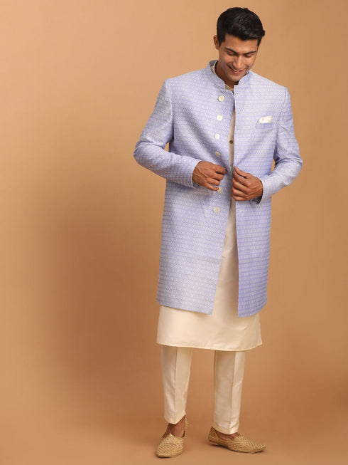 Vastramay Men's Lavender Sherwani With Cream Kurta And Pant Set